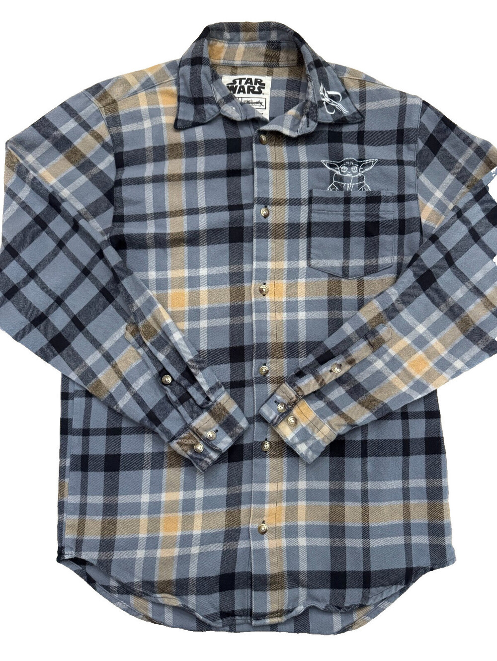 Star Wars Cakeworthy Men's LS Flannel Medium Blue Plaid Embroidered Design